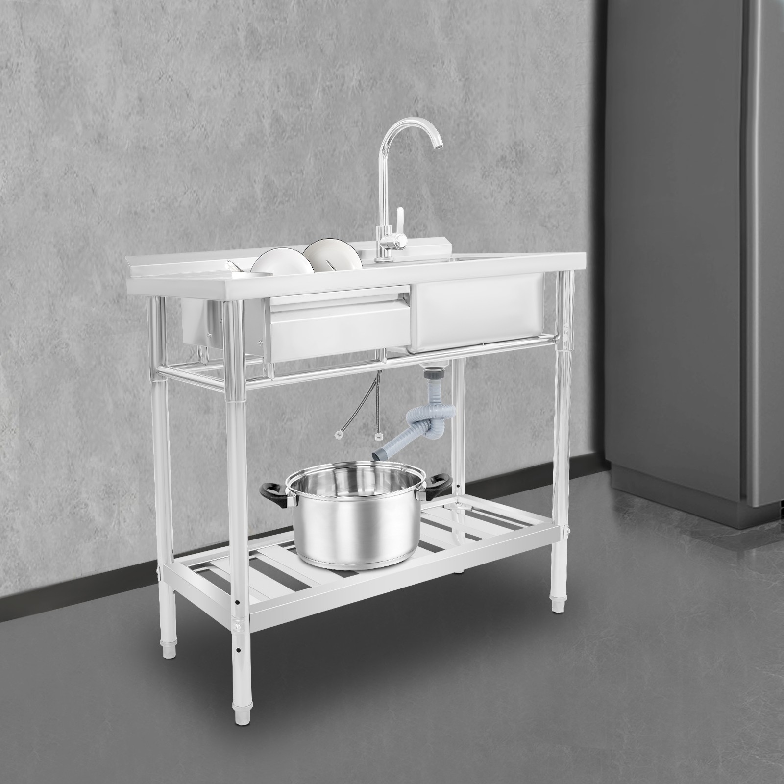 Commercial Stainless Steel Sink 39" W/Drawer, 304 Steel, Free Standing Left Side