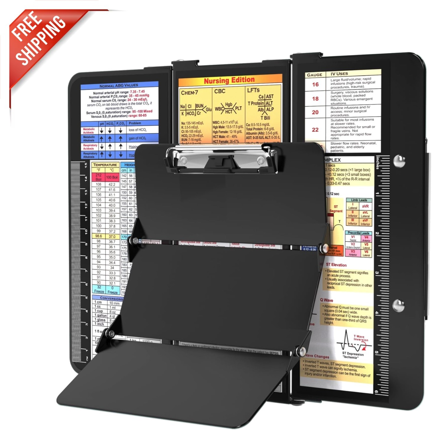 Professional Foldable Clipboard with Nursing Cheat Charts & Pen Holder, Black