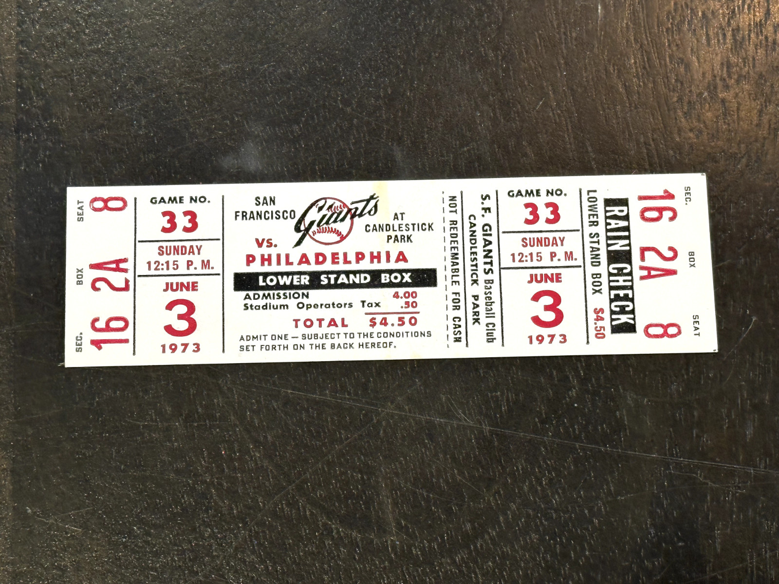 1973 SF Giants vs Philadelphia Phillies Full Ticket - Game 33 Sec 16 Box 2A