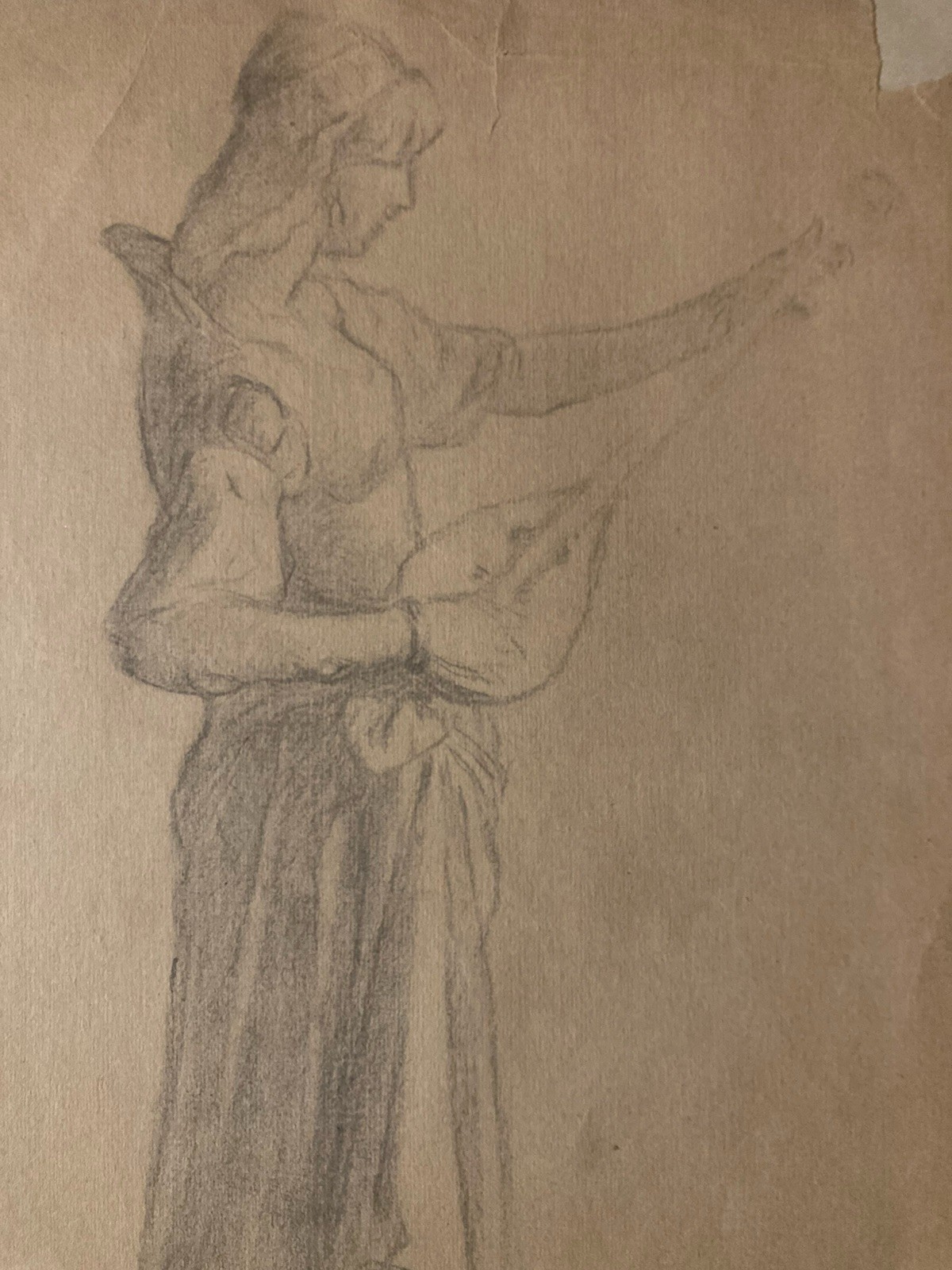 1920 Drawing On Paper Woman With Mandolin Guitar To Identify Pencil