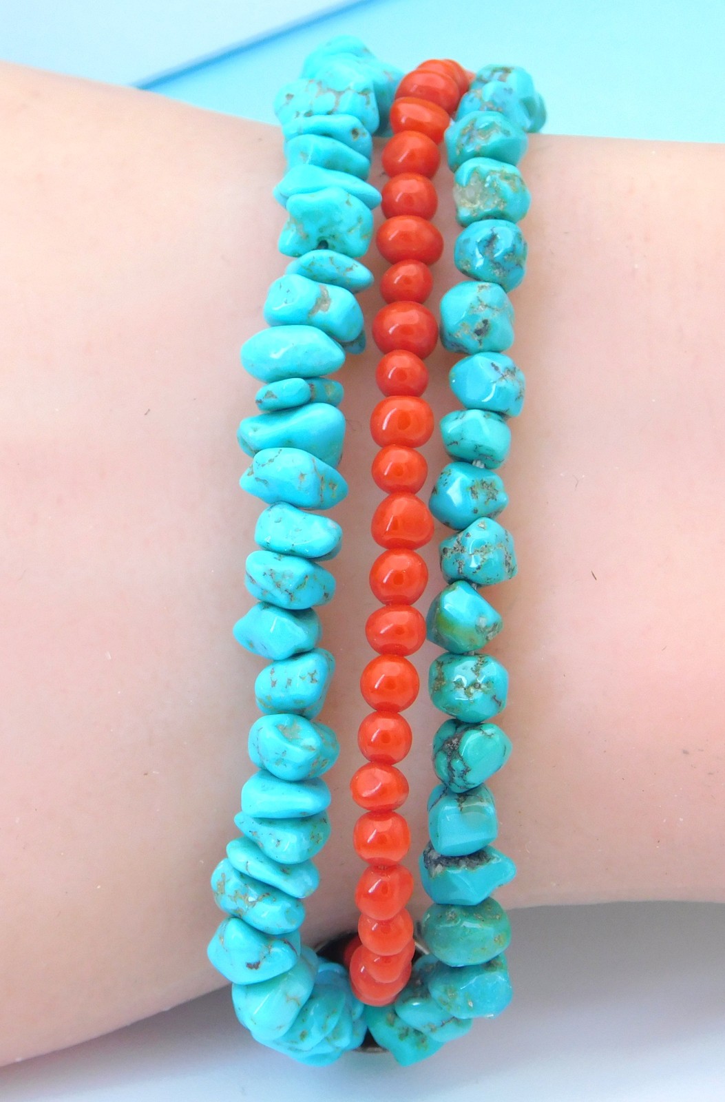 Beautiful Sterling Turquoise and Coral Beaded Nugget Toggle Bracelet