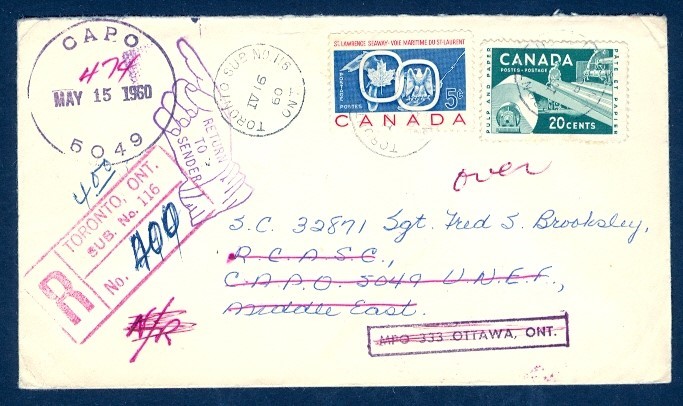 CANADA 1960 #387 REG MILITARY MIDDLE EAST MANY REDIRECTS