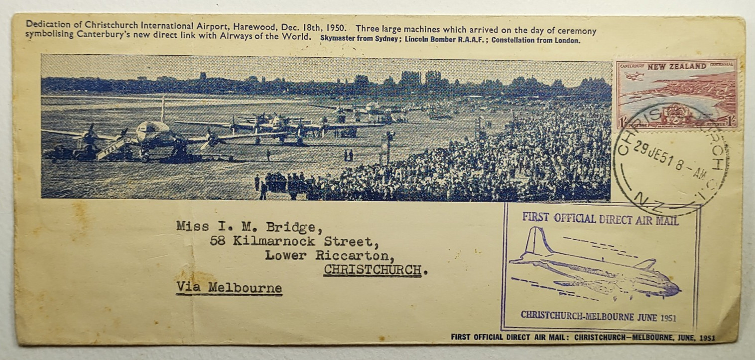 1951 New Zealand First Flight Airmail Service Christchurch - Melbourne Australia