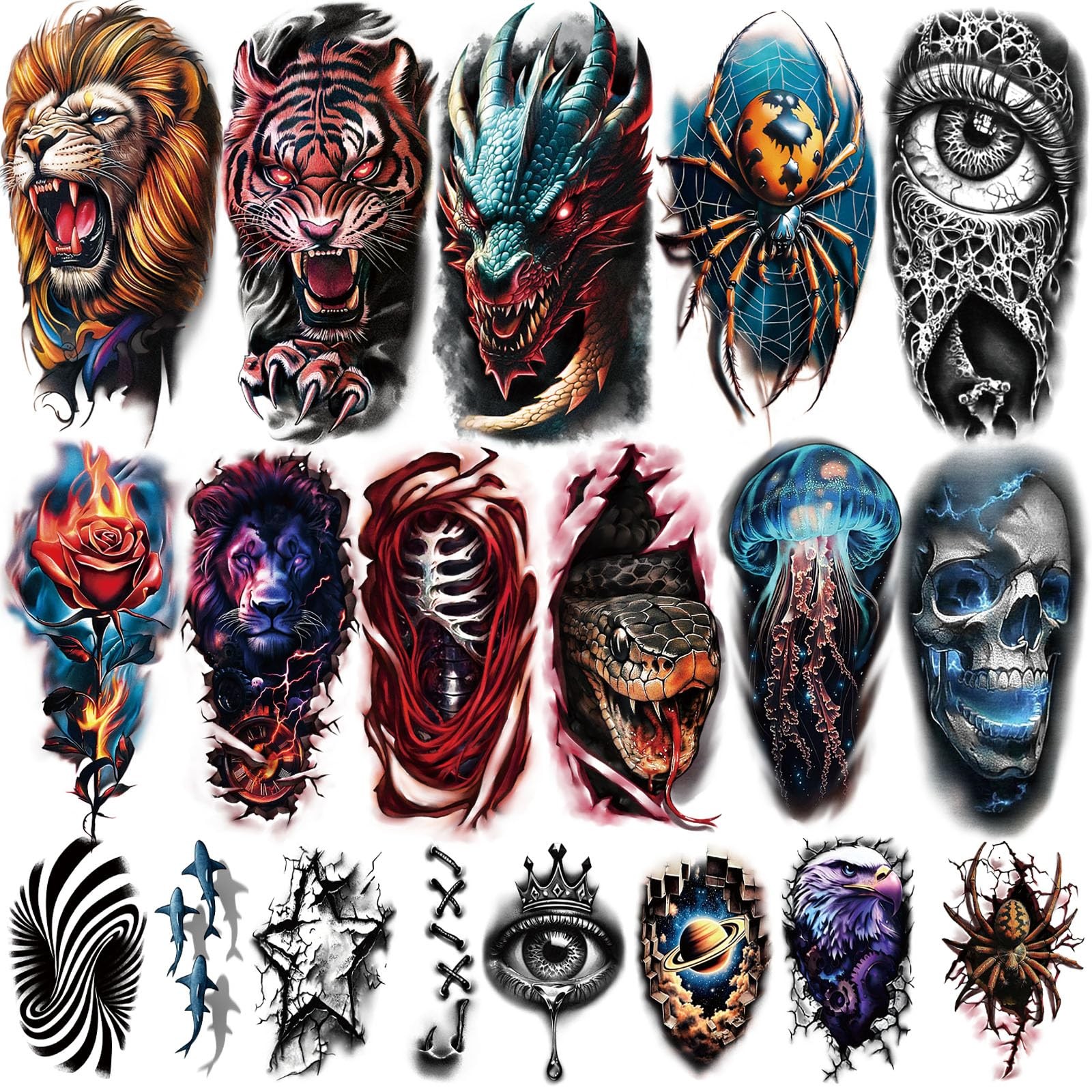 77 Sheets 3D Realistic Temporary Tattoos Adults Kids, Large, 