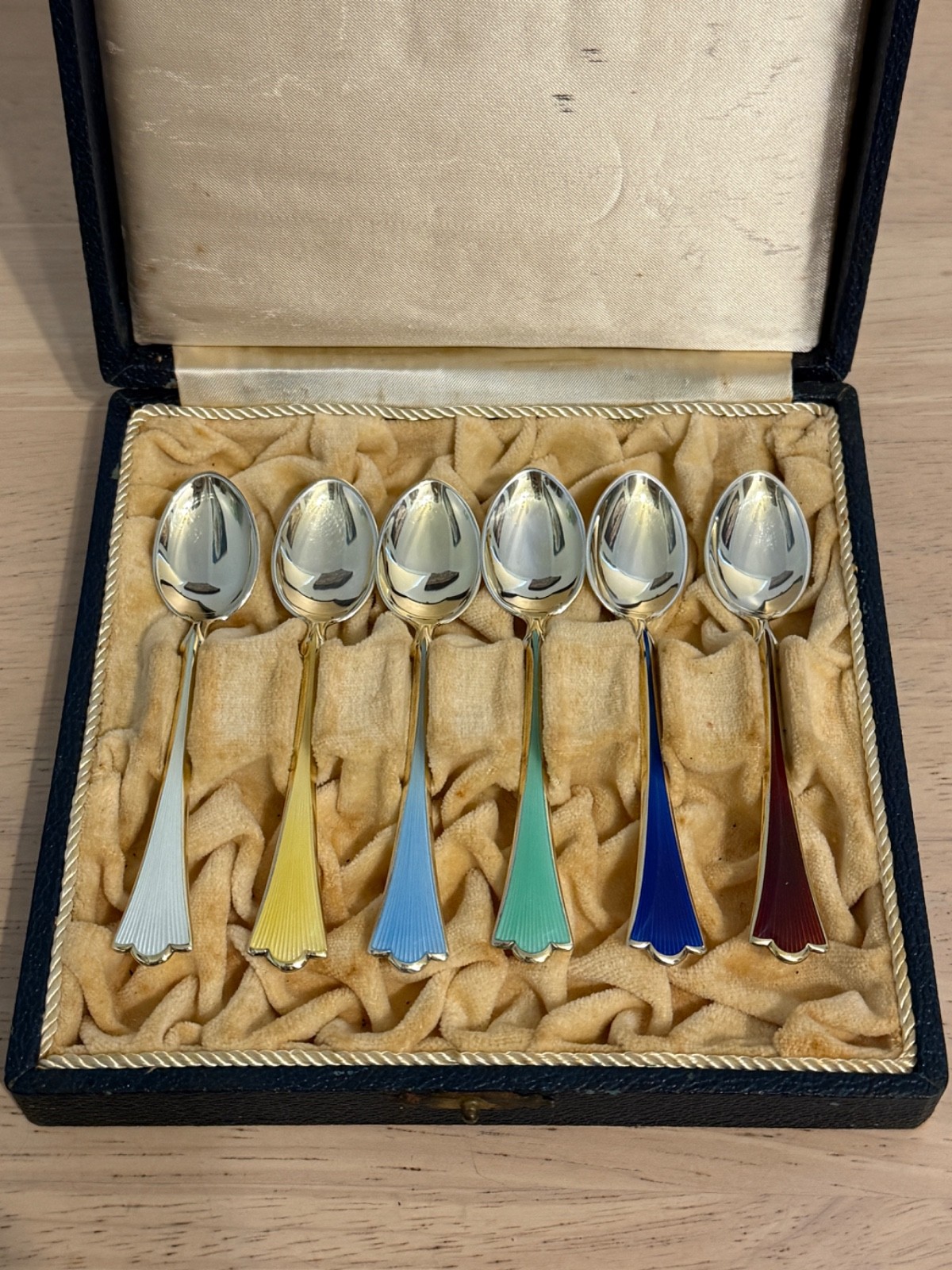 Vintage Norway Theodor Olsens Sterling Silver Guilloche Enamel Demitasse Spoons
