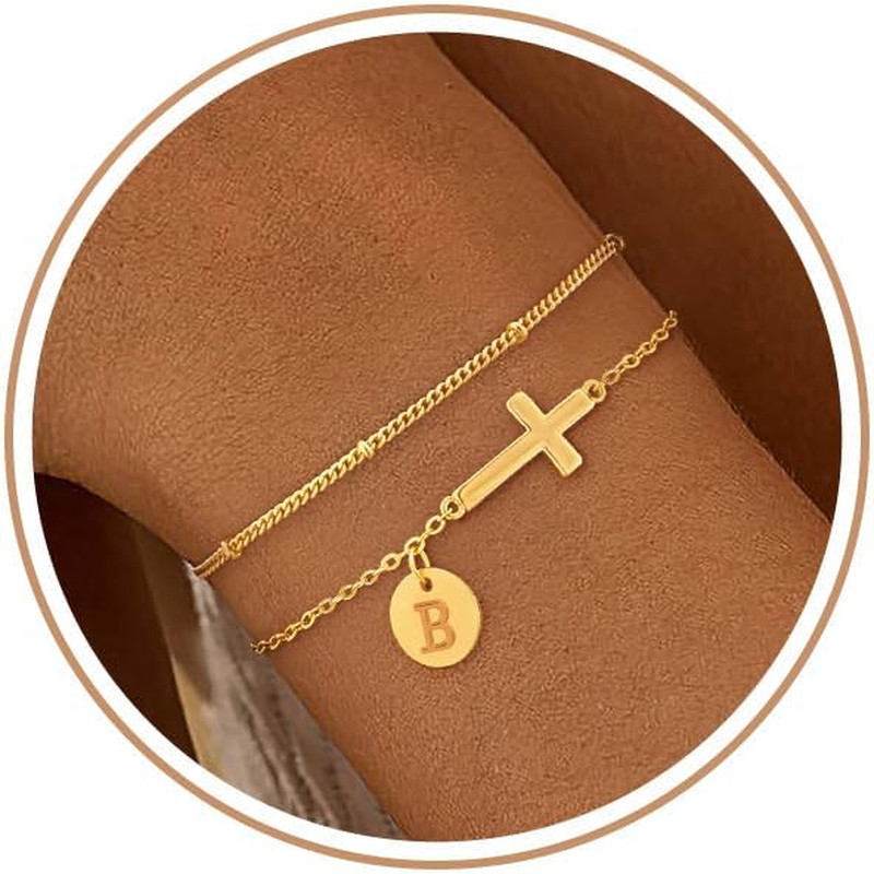 Cross Initial Bracelets for Women 14K Gold Plated Dainty Link Chain Letter Brace