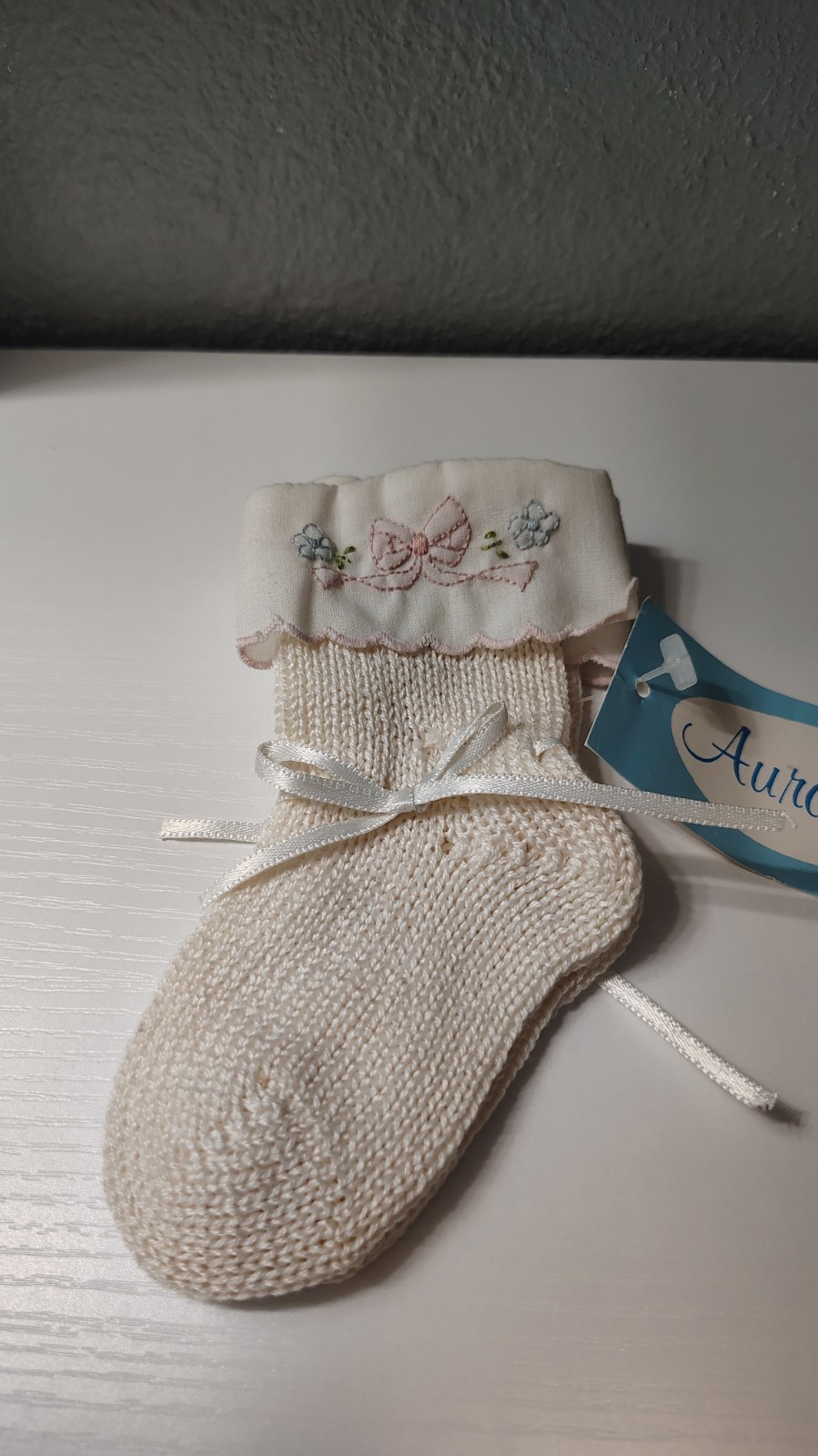 Vintage Auraluz Baby Booties Knitted Socks Embroidery Bow Flower With Tag