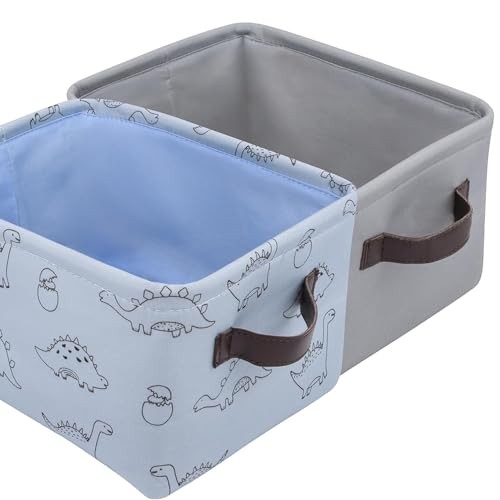Fabric Storage Bins Cute for Nursery 8"x5.2"x10" - Grey - Blue Dinosaur