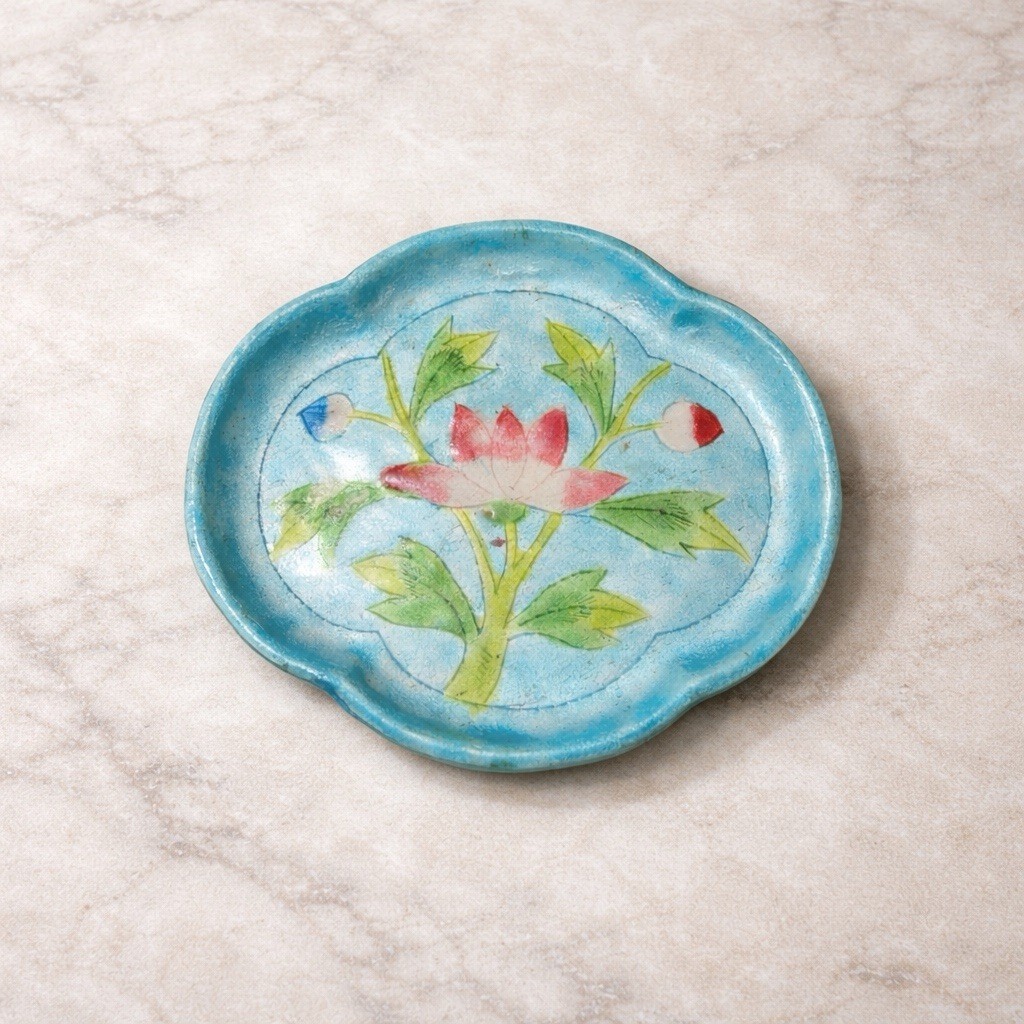 Antique Asian Lotus Enamel Trinket Dish Translucent Cloisonne Style