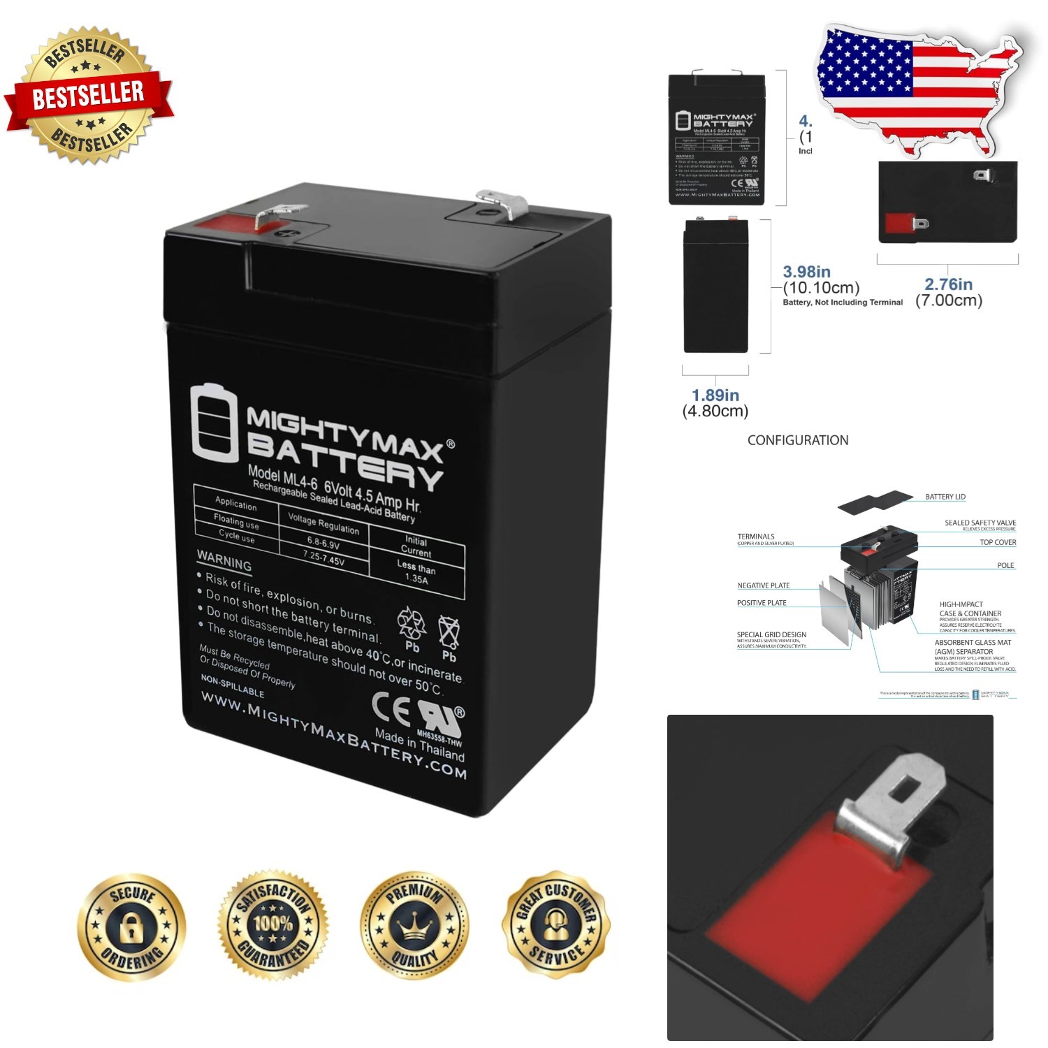 Durable 6V 4.5AH SLA AGM Battery F1 Terminal  Certified Maintenance Free