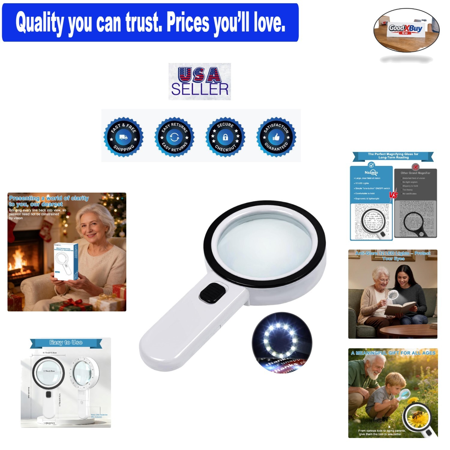 Magnifying Glass with Light 3X LED Handheld Optical Lens for Seniors