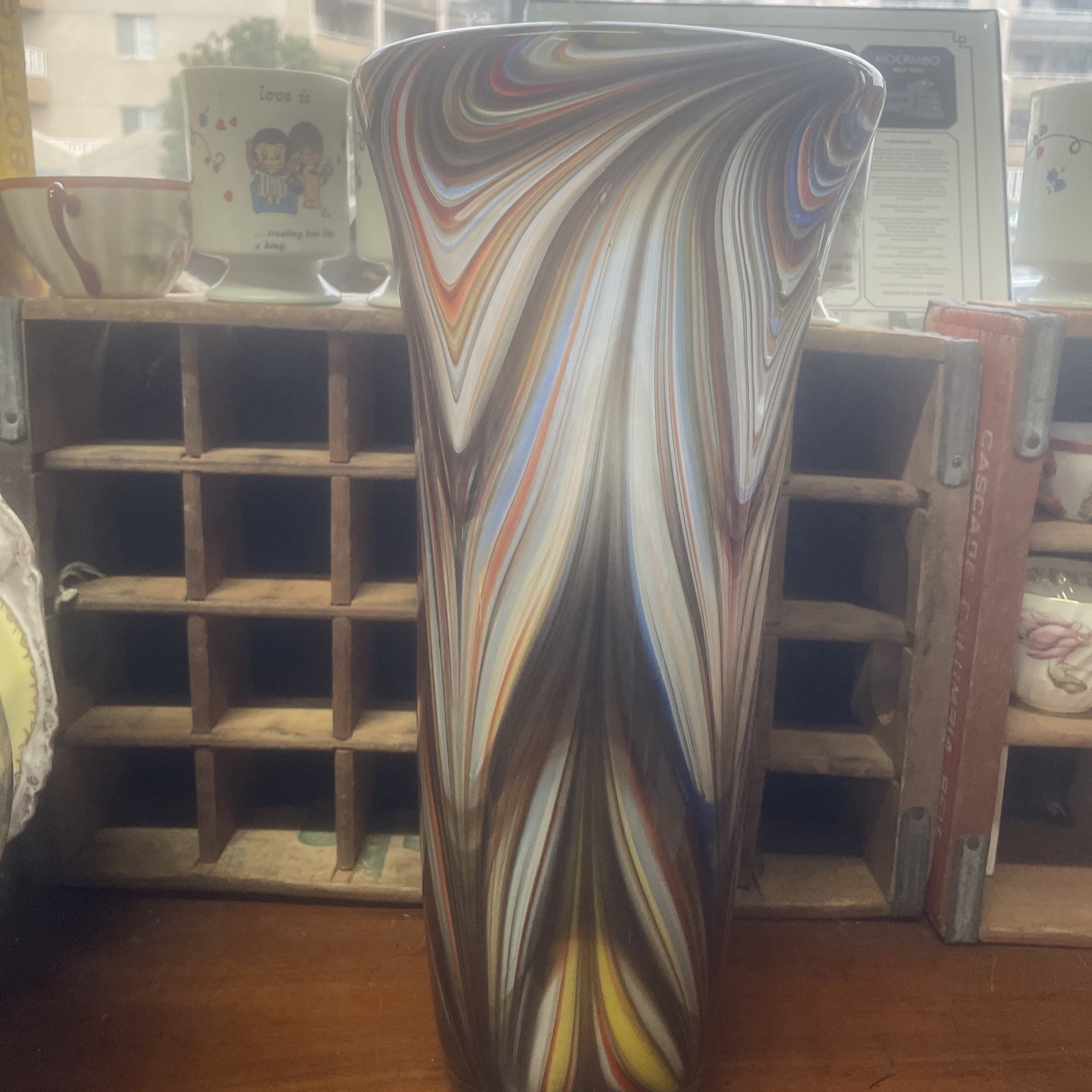Venetian Murano Large Art Glass 1960s Striped Glass Vase 15” Multicolored