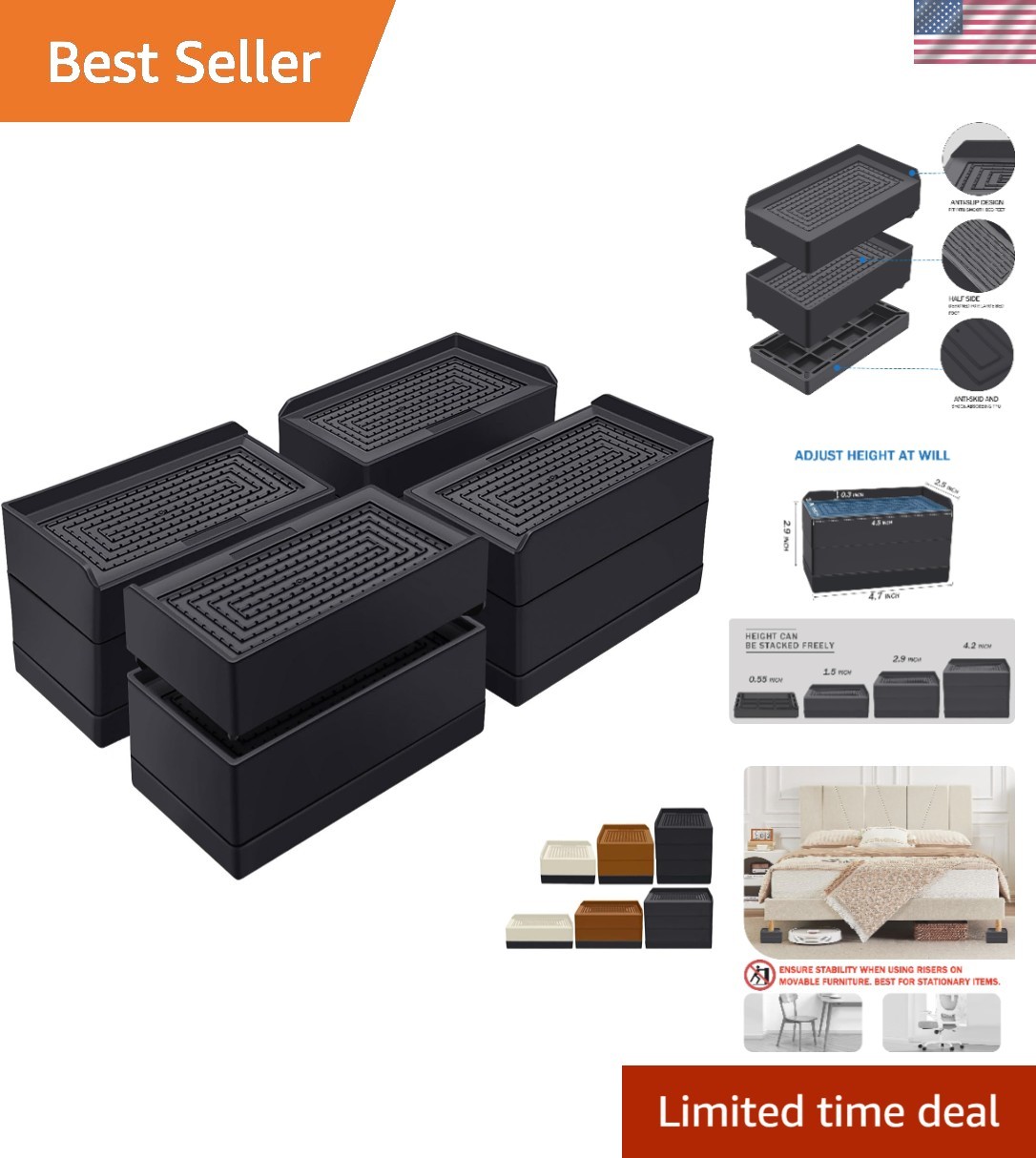 3-Inch Rectangle Bed Risers - Heavy Duty Furniture Lift with 1,300 lbs Capacity
