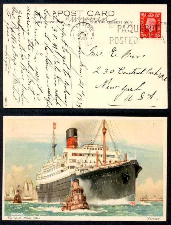 GREAT BRITAIN CUNARD LACONIA 1939 PAQUEBOT PPC TO USA