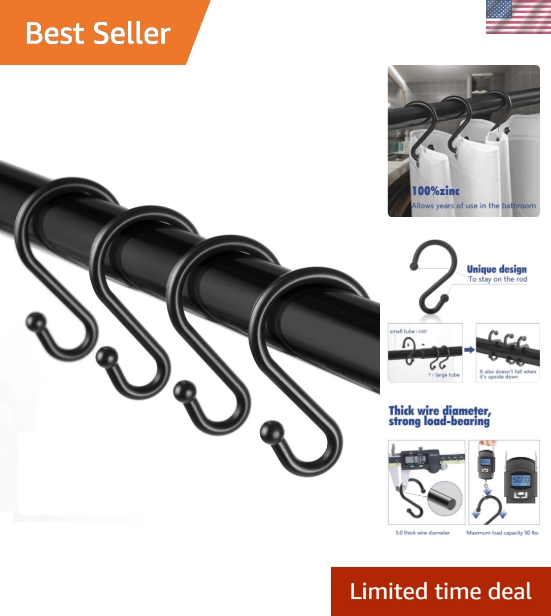 Metal Shower Curtain Hooks，Set of 12 Rings，Rust Resistant S Shaped Hooks Hang...