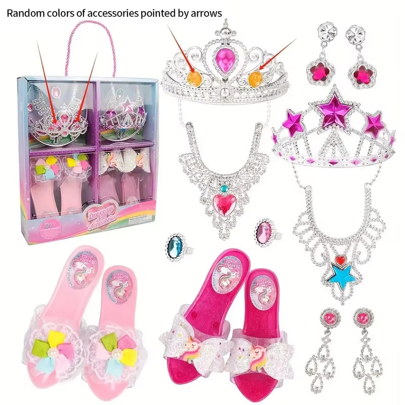 Dress up Toy Girl Glass Slipper Necklace Earrings Toy Jewelry Set Gift Box, as B