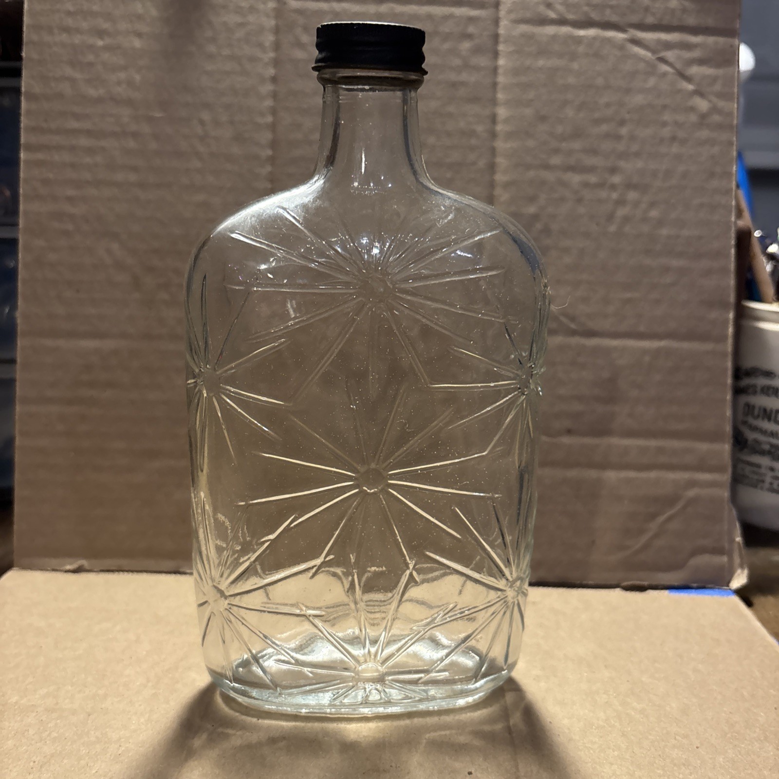 Vintage Sunburst Design Clear Glass Whiskey Flask