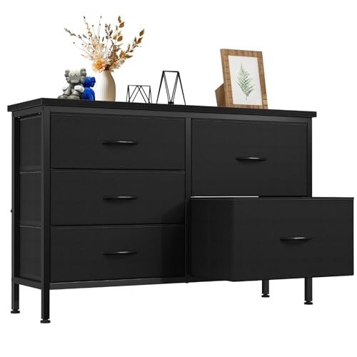  TV Stand for Bedroom with 5 Storage Drawers, Fabric Chest of 5 Dresser Black