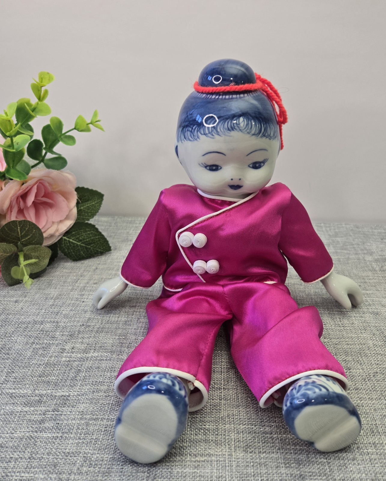 Vintage Asian Porcelain Girl Doll Delft Style, Pink Outfit 11' Tall