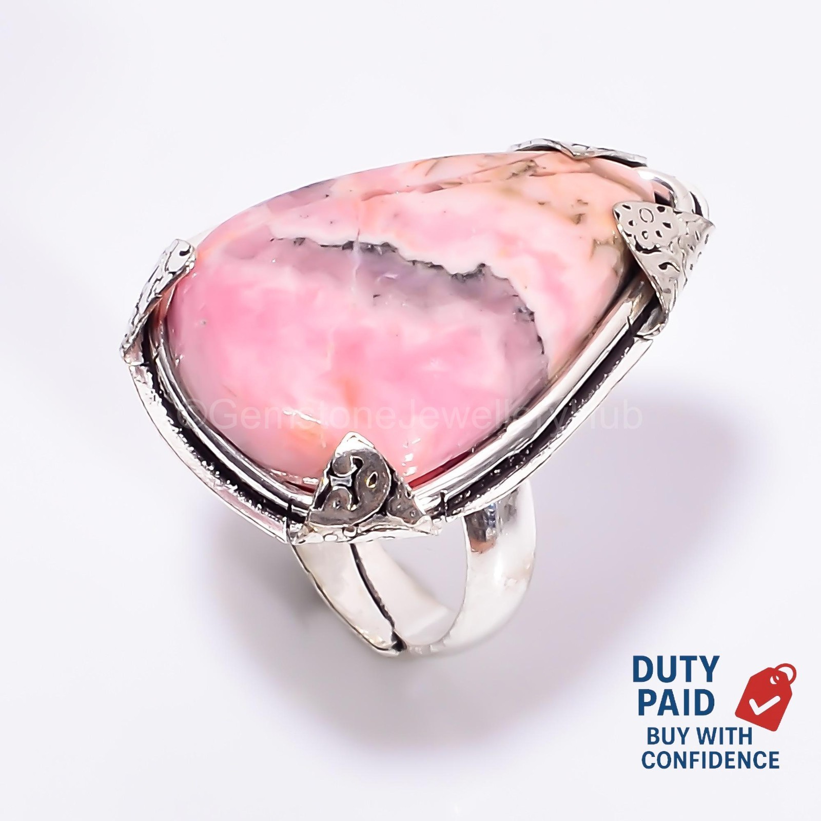 Genuine Rhodochrosite Band Engagement Wedding Ring Size 8.25 925 Sterling Silver