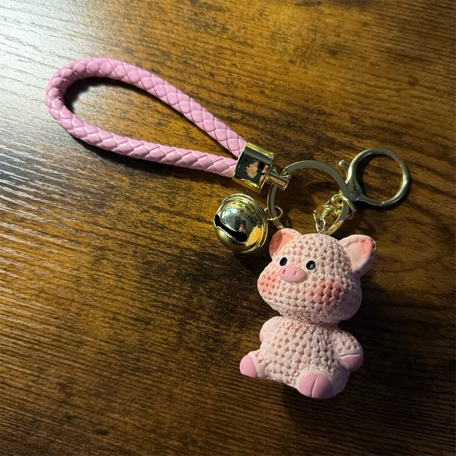 Pink Pig Keychain with Bell, Detachable Keyring, Braided Strap, Animal Theme