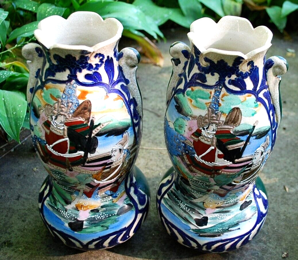Antique Set 2 HANDPAINTED MORIAGE Satsuma Ware JAPAN Porcelain Pottery Vases 12"