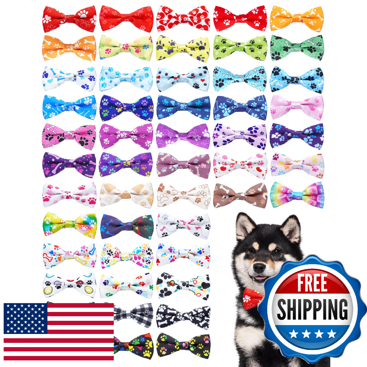 PET SHOW 50 Pack Small Dog Bow Ties Collar Paw Print Puppy Adjustable Bowties Ne