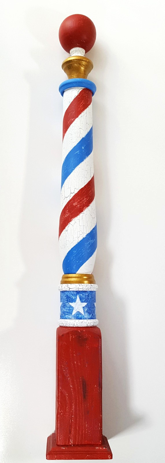  Standing Wooden Barber Pole With A Golden Crown, Made To Look Antique, Handmade