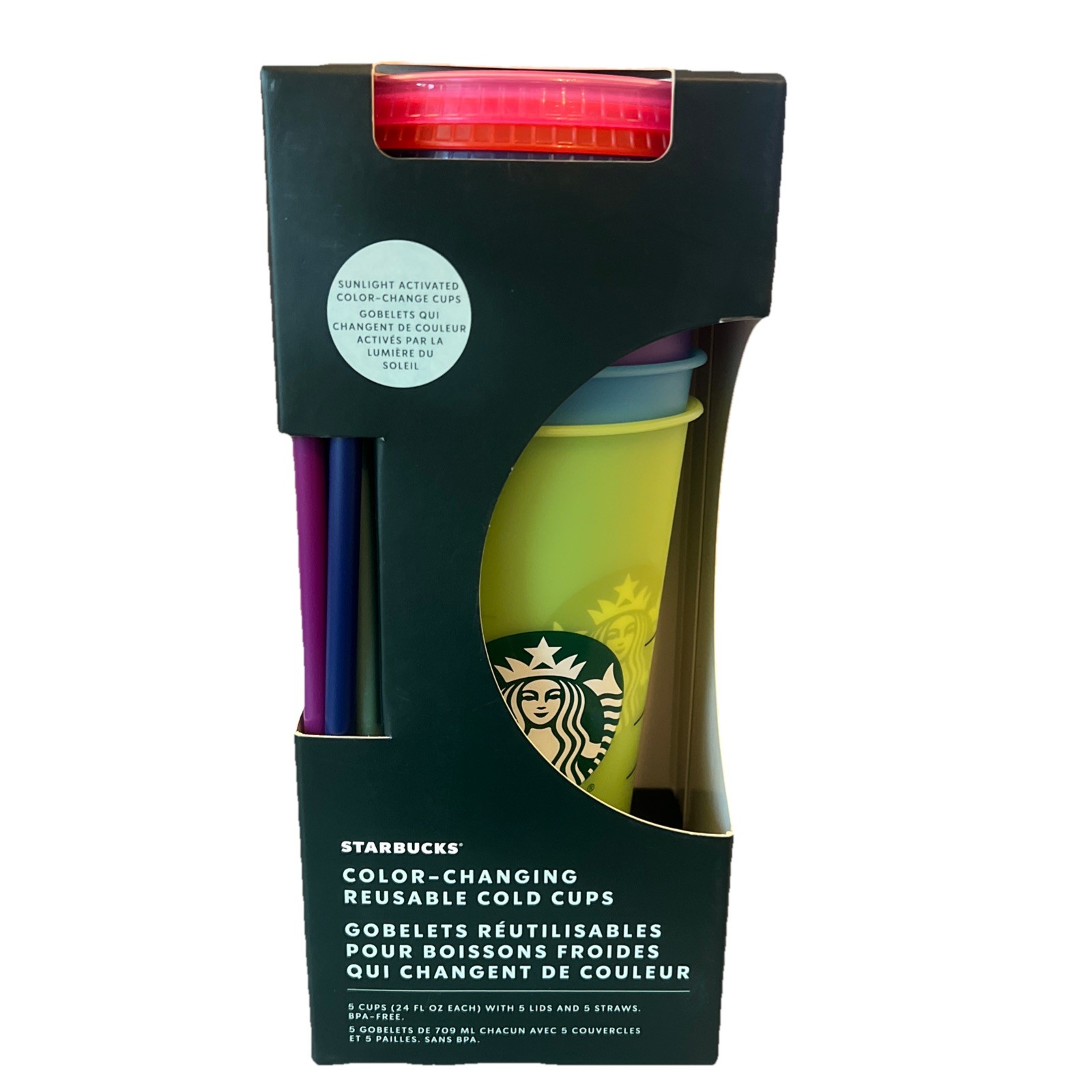 New Starbucks Reusable Color Changing Cold Cups (5 Pieces) With Straws 24oz