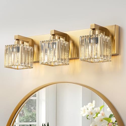 Gold Crystal Bathroom Vanity Lights Modern Bathroom 3-Lights Gold-Square Shade