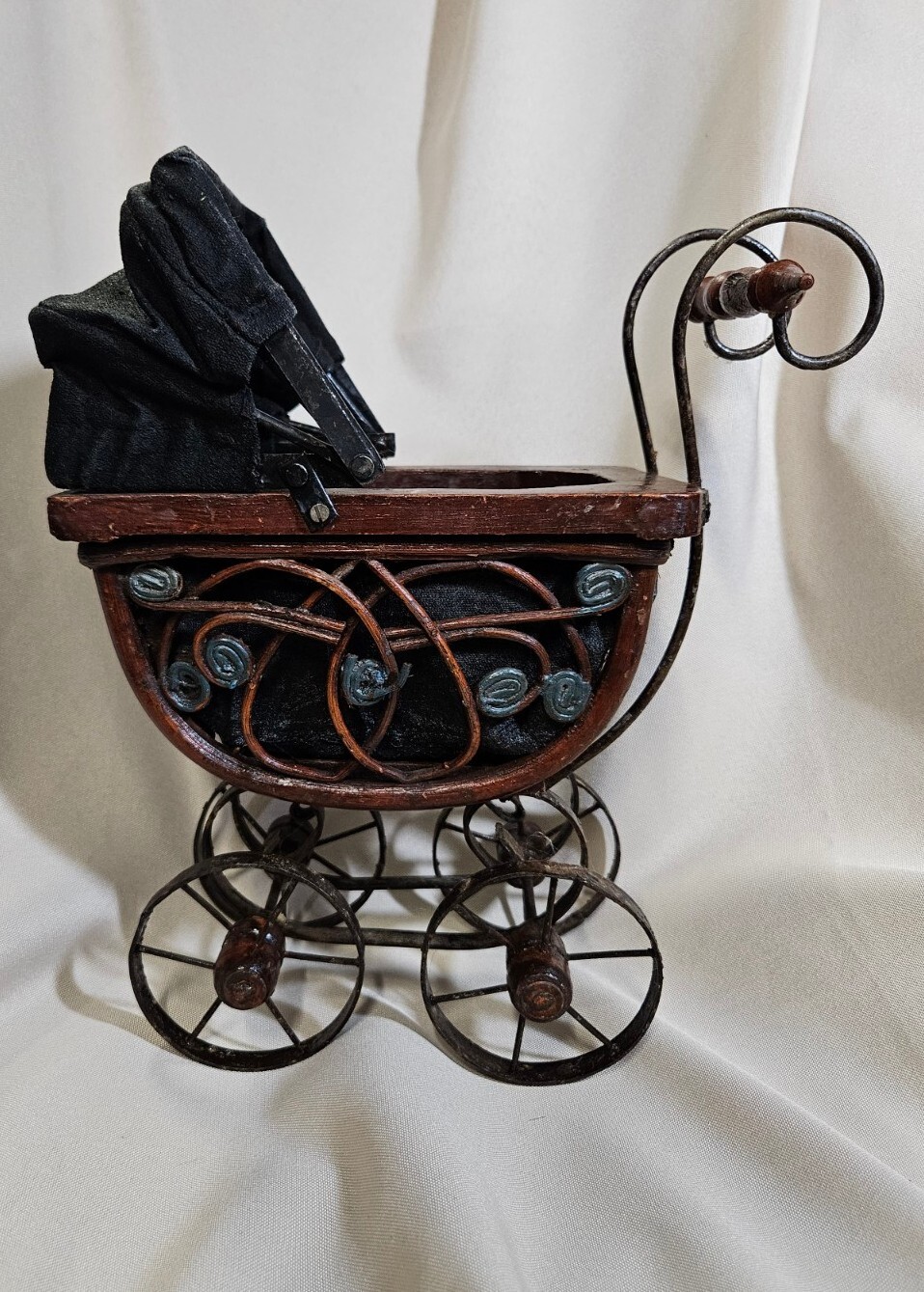 Antique Victorian Baby Buggy Miniature Replica Wood Metal Doll Carriage Stroller