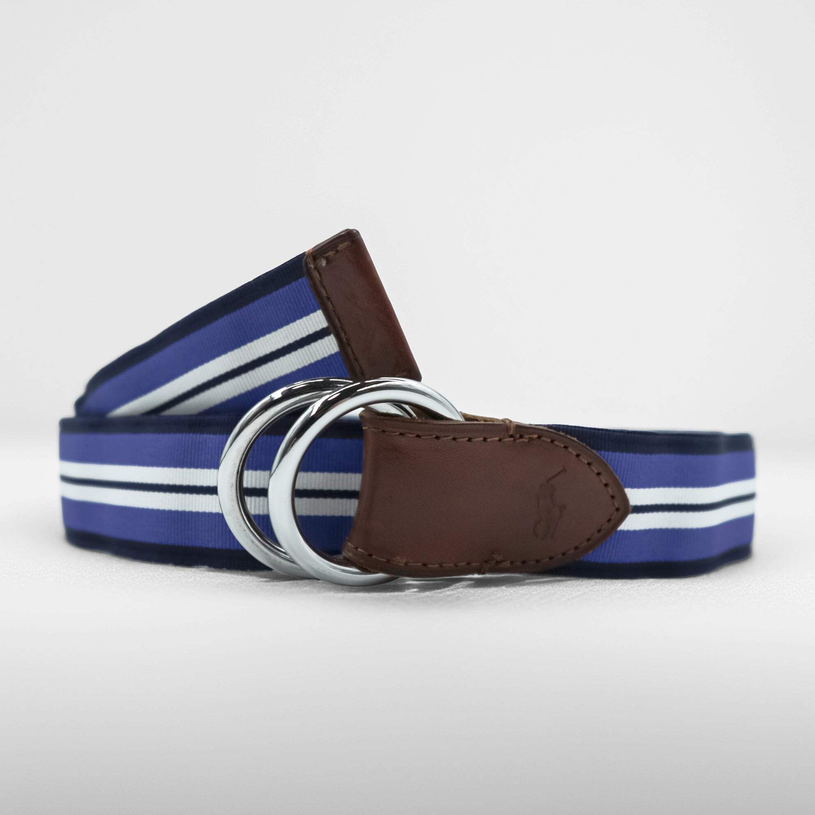 Polo Ralph Lauren D-Ring Ribbon Belt Striped Webbing Leather Trim Blue White Sil