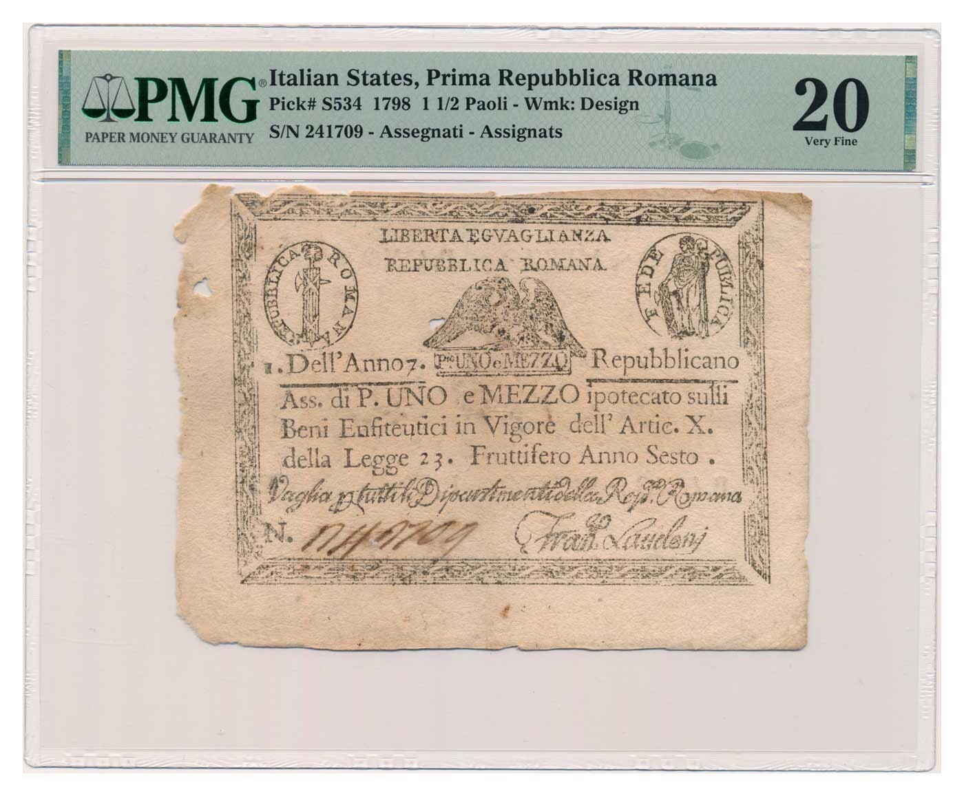 ITALIAN STATES (REPUBBLICA ROMANA) banknote 1 1/2 Paoli 1798 PMG VF 20 Very Fine