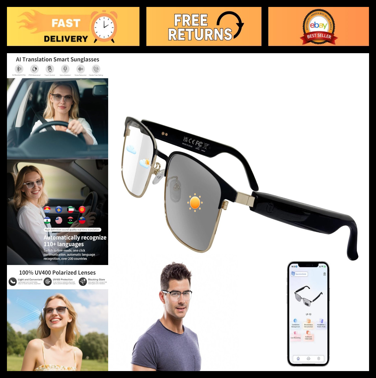 Smart AI Glasses with Bluetooth, Photochromic Lenses, Real-Time Translation, Spe