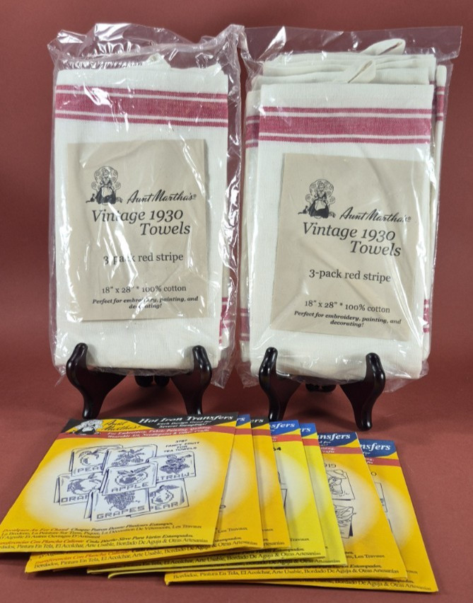 Aunt Martha's Hot Iron Transfers & 1930s Style Red Stripe Towels Lot of 9 NEW