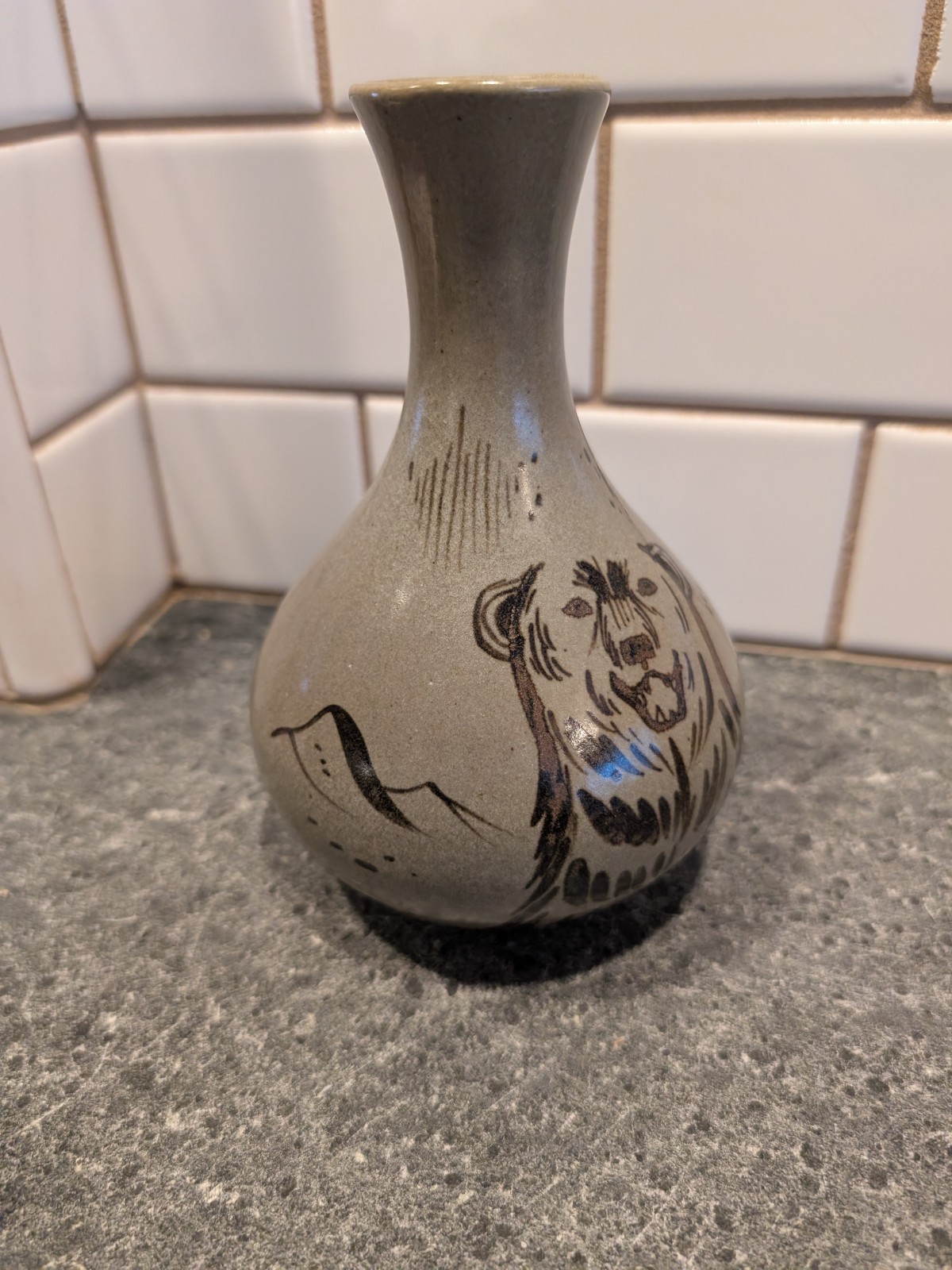 Bear Vase Brown Grizzly Painted Lodge Decor Pottery Collectible ALASKA Native