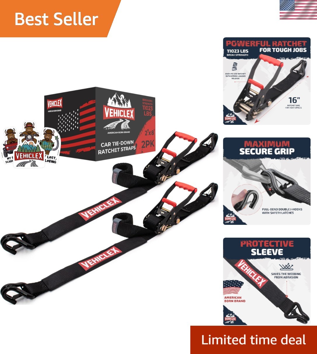 Car Tie Downs with J-Hooks - Heavy Duty 2PK, 2" x 8ft Car Hauling Straps for ...