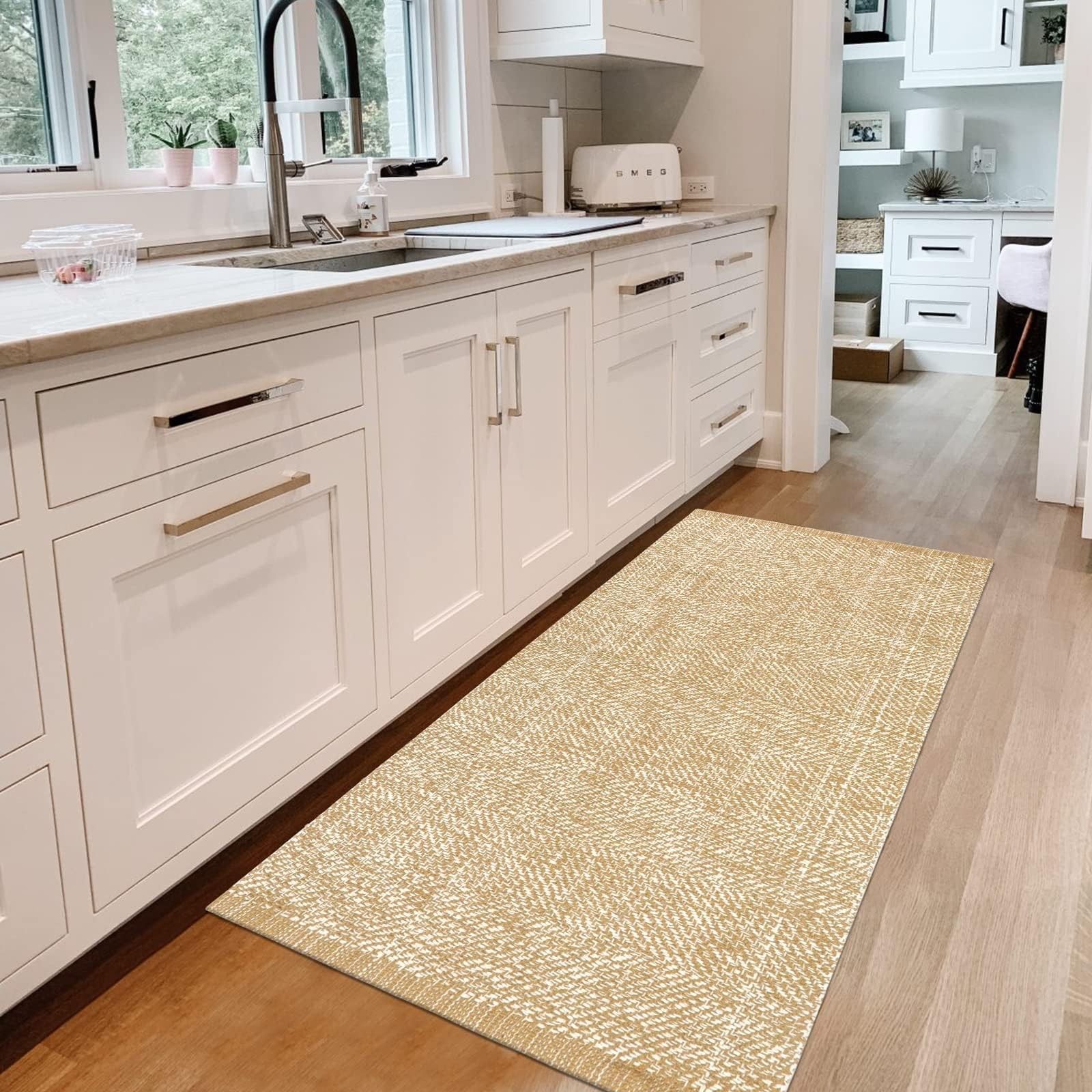 LEEVAN 2'x4.3' Washable Boho Kitchen Runner Rug Cotton Tan Reversible