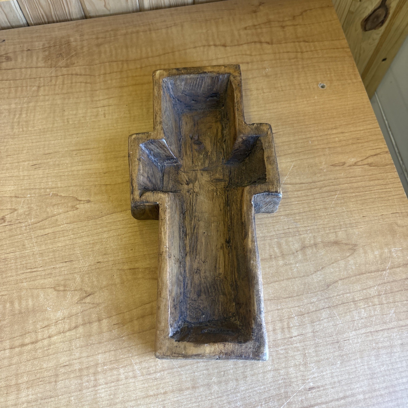 Carved Wooden CROSS Dough Bowl Primitive Wood Trencher Tray Rustic Decor 🔥🔥🔥