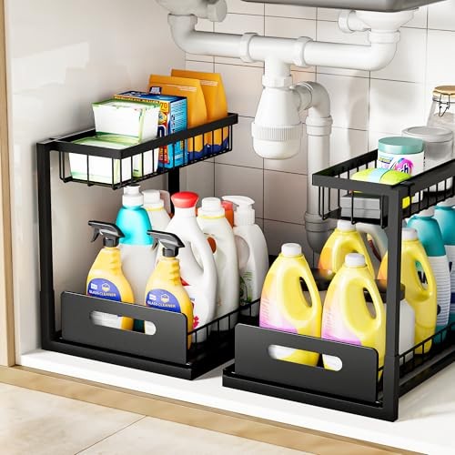  Under Kitchen Sink Organizer 2 Tier, Pull Out Bathroom Sink Organizers and 