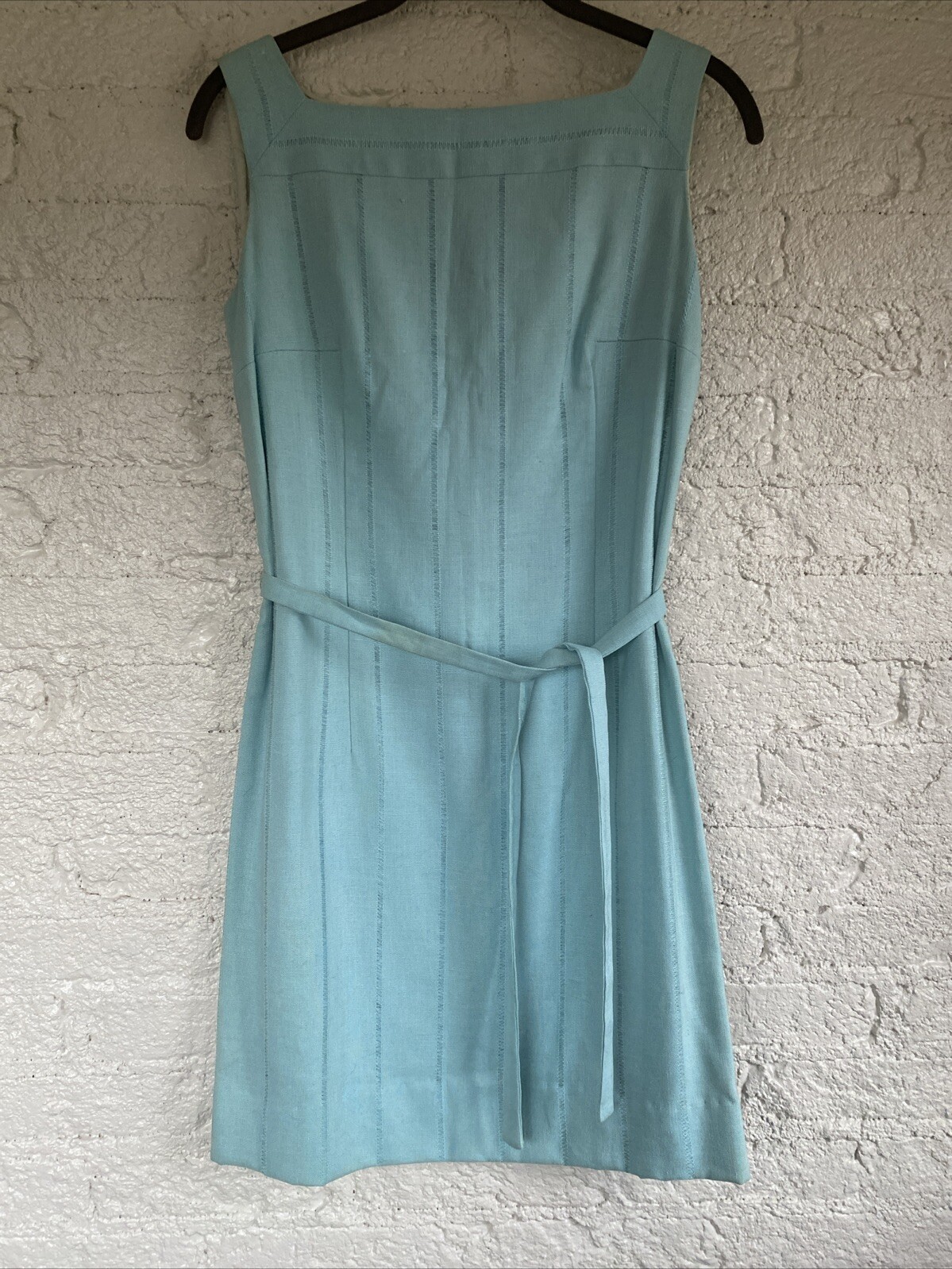 Vintage Lanz Originals Light Blue Boat Neck Belted Sheath Dress sz Small READ
