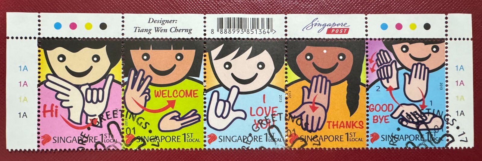 SINGAPORE 2013 Greetings in Sign Language Horiz Strip of 5V CTO SG#2110a
