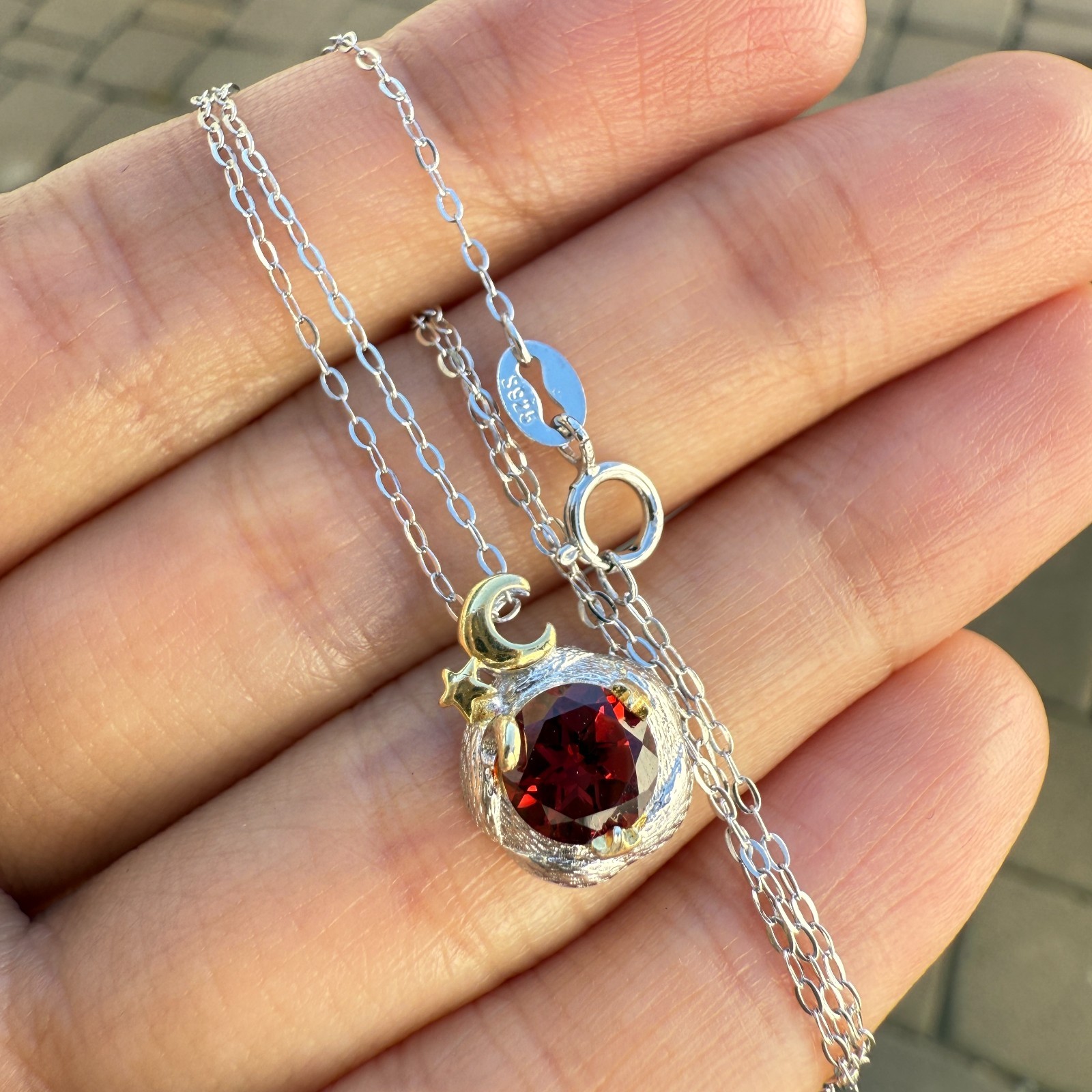 925 Sterling Silver Necklace 6mm Natural Garnet Gemstone Star&Moon Jewelry Cute