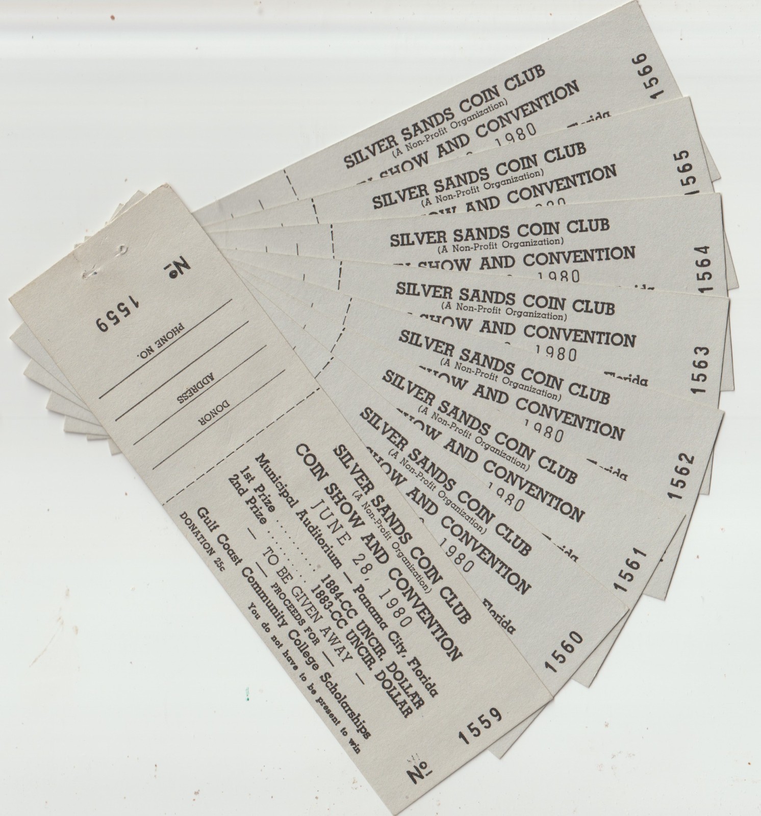 8 UNUSED TICKETS TO 1980 SILVER SANDS COIN CLUB, PANAMA CITY, FLORIDA