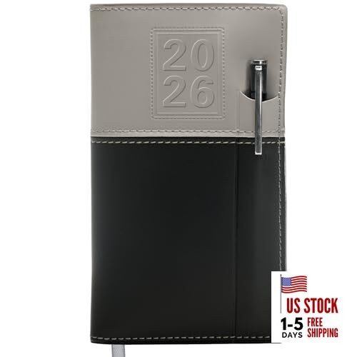 Pocket Planner/Pocket Calendar and Pen, 3.5"x6": Includes 14 Months 2026 Gray