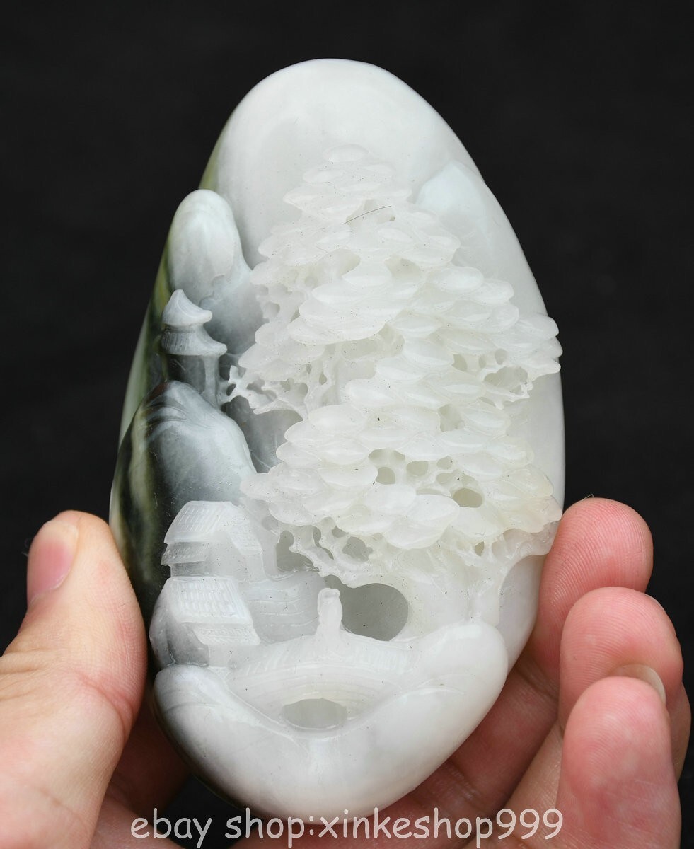 4" Chinese Natural Dushan Jade Carving Fengshui Mountain Tree People Pendant A3