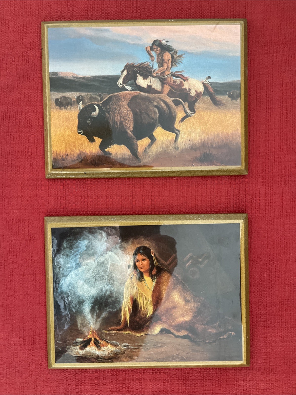 (2) Native American Indian Wall Art Buffalo Hunting & Fire Lacquered Iridescent