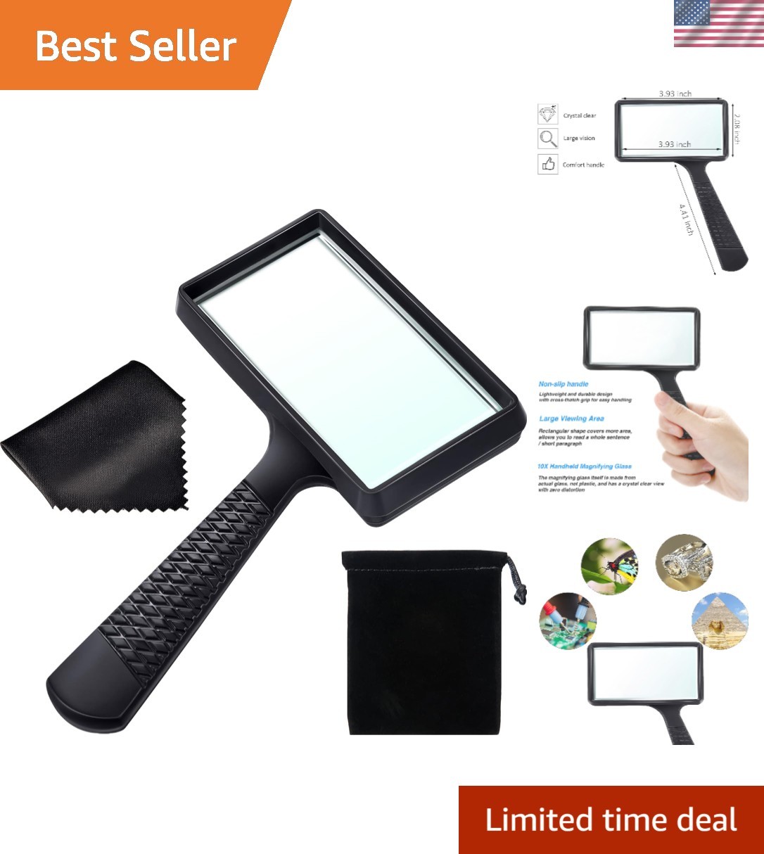 10X Handheld Rectangle Magnifier Glass Lens w/ Cloth Bag Reading Repairs Hobbies