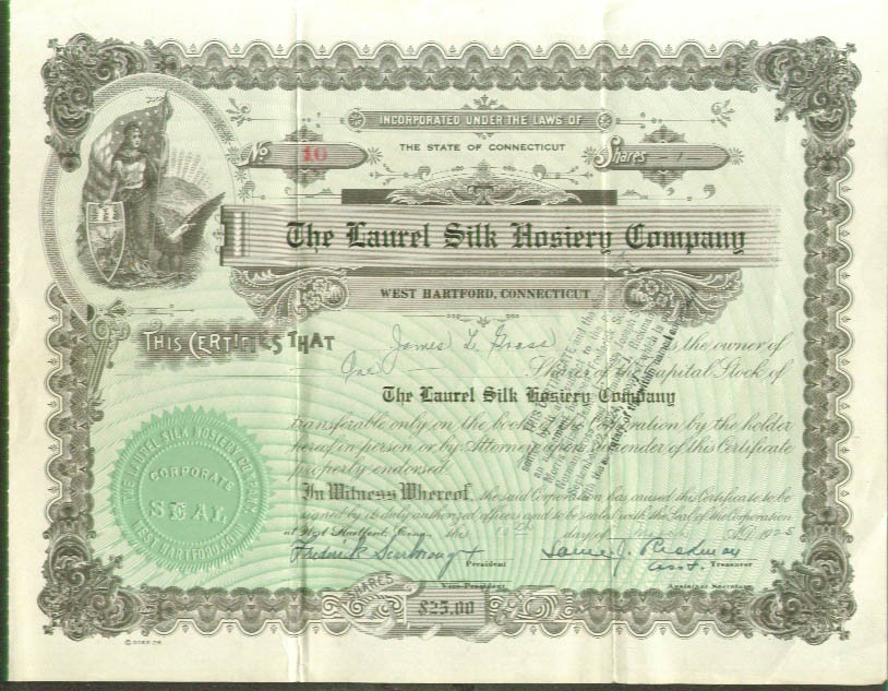 Laurel Silk Hosiery Stock Certicicate 1 share 1925