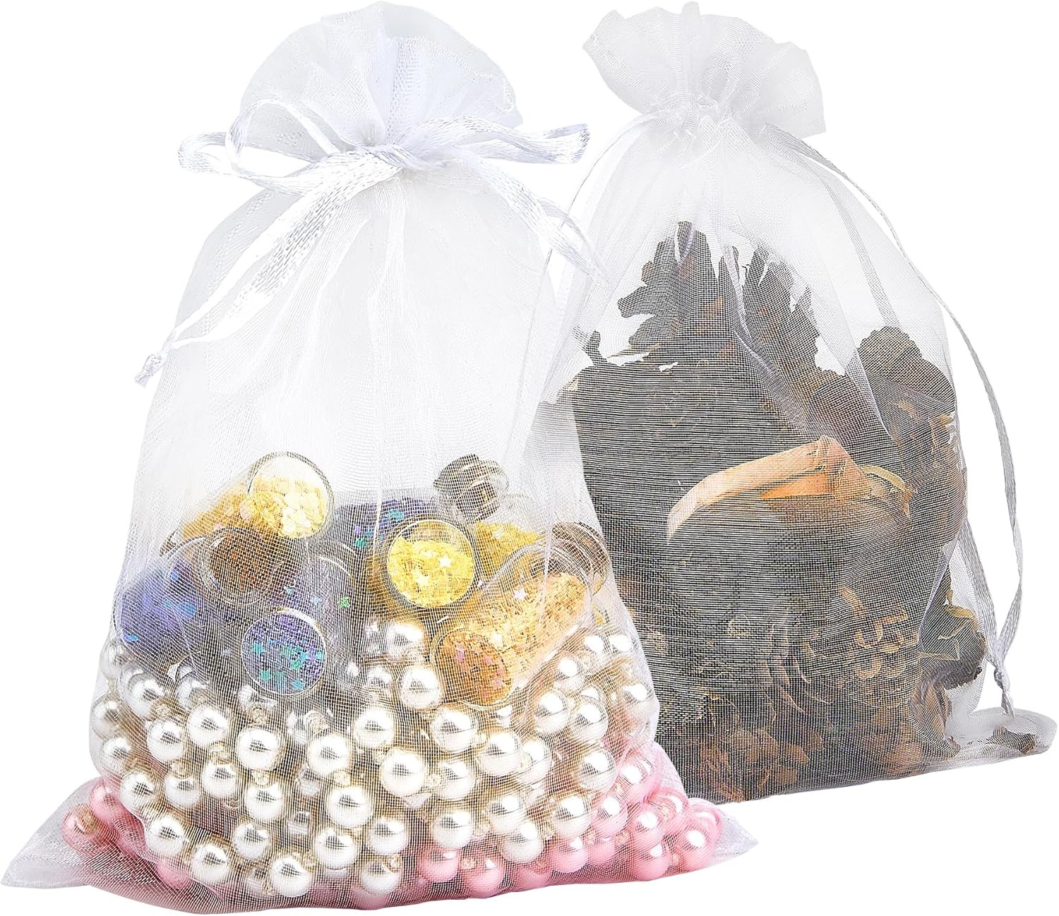 100pcs White Organza Bags, Sheer Organza Bags 4x6 Inch, Small Mesh Bag Drawstrin